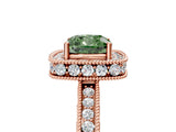 Rose gold Fancy Green Cushion Cut Diamond Milgrain Halo Engagement Ring with Round Pavé Band and Prong Setting_17
