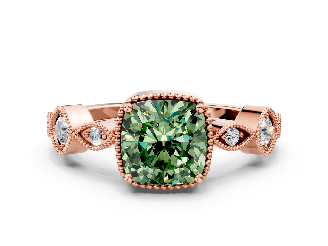 Rose gold Fancy Green Cushion  Cut Diamond Milgrain Marquise Band with Prong Setting_3