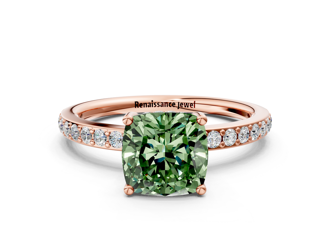 Rose gold Fancy Green Cushion  Cut Diamond Pavé Band Ring with Four-Prong Setting_40