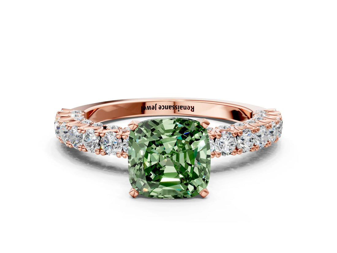 Rose gold Fancy Green Cushion Cut Diamond Pavé Band Solitaire Ring with Prong Setting_76