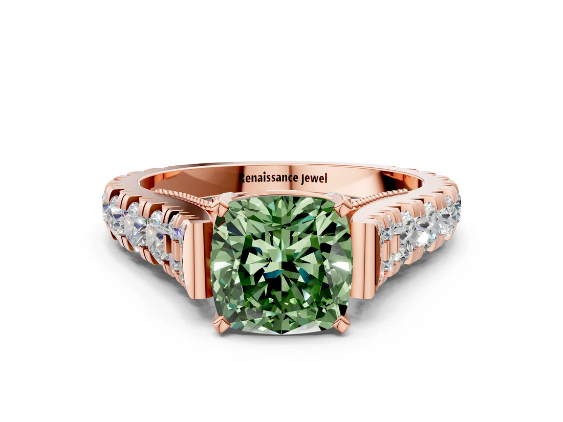 Rose gold Fancy Green Cushion  Cut Diamond Pavé Band Solitaire with Four-Prong Setting_15