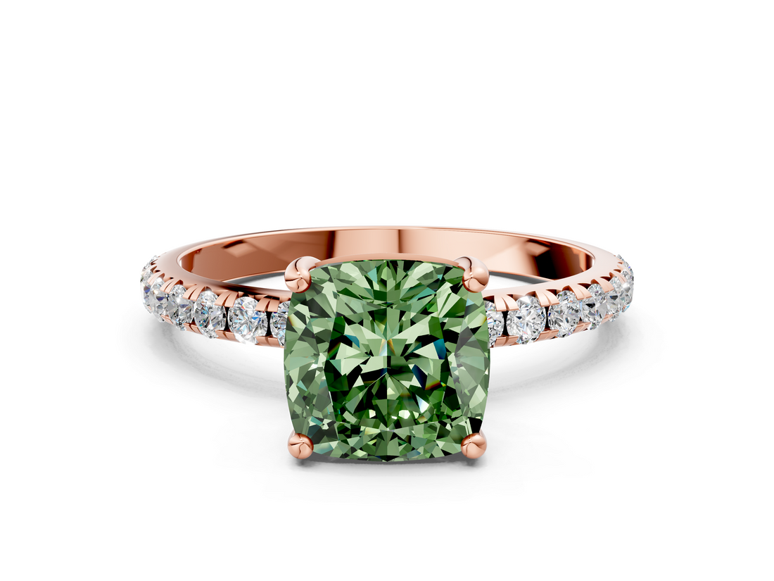 Rose gold Fancy Green Cushion  Cut Diamond Pavé Band Solitaire with Four-Prong Setting_3