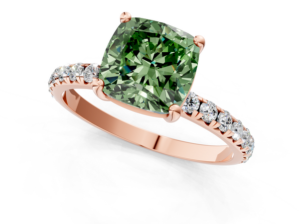 Rose gold Fancy Green Cushion  Cut Diamond Solitaire Ring with Micro Pave Band and Four Prong Setting