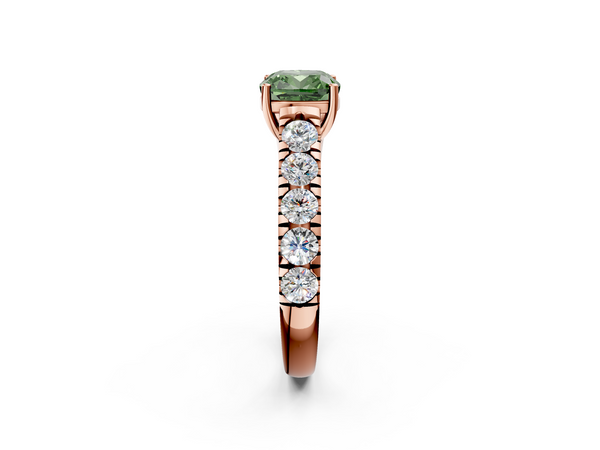 Rose gold Fancy Green Cushion  Cut Diamond Solitaire Ring with Micro Pave Band and Prong Setting