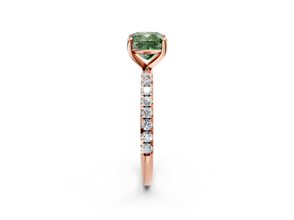 Rose gold Fancy Green Cushion  Cut Diamond Solitaire Ring with Micro Pave Band and Four Prong Setting