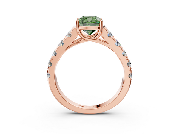 Rose gold Fancy Green Cushion  Cut Diamond Solitaire Ring with Micro Pave Band and Prong Setting