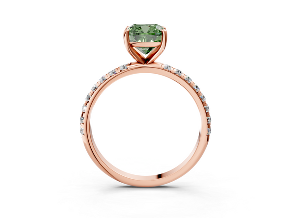 Rose gold Fancy Green Cushion  Cut Diamond Solitaire Ring with Micro Pave Band and Four Prong Setting