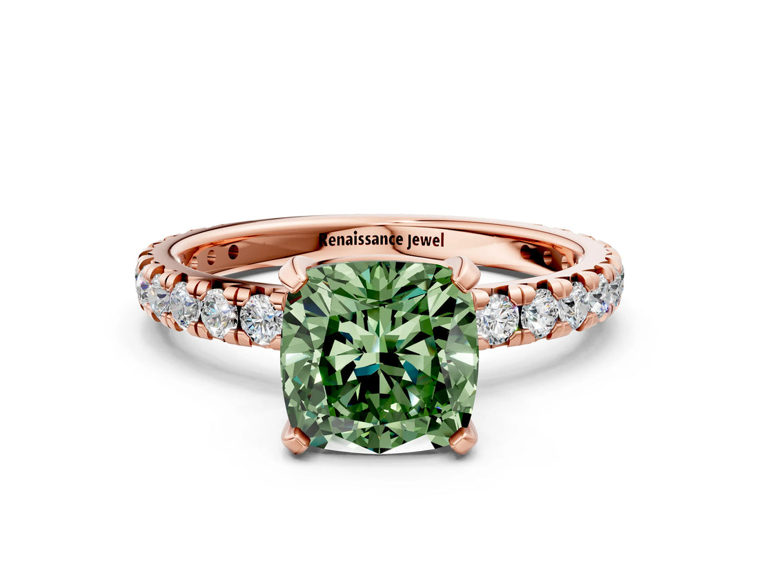Rose gold Fancy Green Cushion Cut Diamond Pavé Solitaire Ring with Round Band and Prong Setting_12