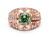 Rose gold Fancy Green Cushion Cut Diamond Pave Art Deco Split Shank Ring with Four-Prong Setting