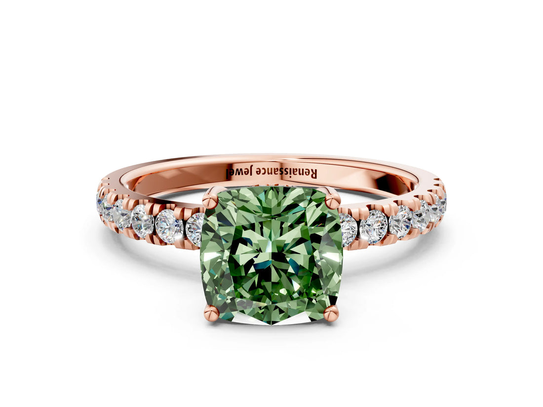 Rose gold Fancy Green Cushion Cut Diamond Pave Band Solitaire Ring with Four-Prong Setting_58