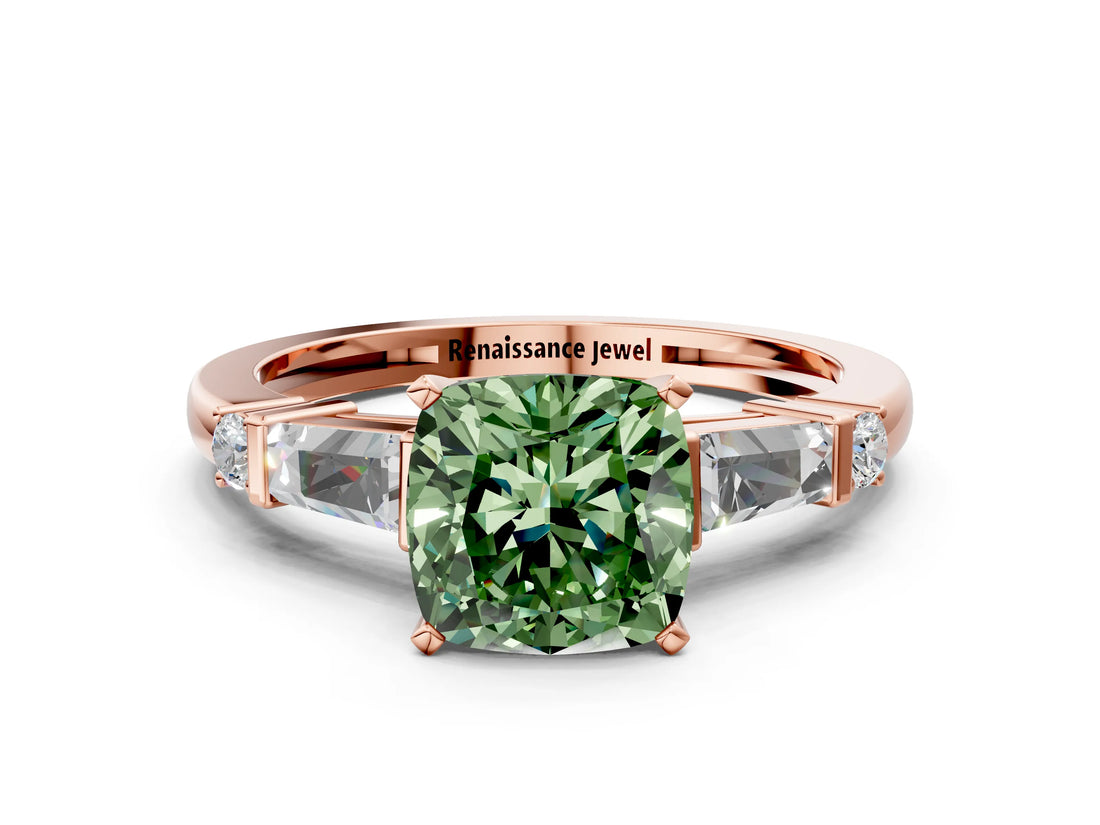 Rose gold Fancy Green Cushion  Cut Diamond Ring with Baguette Side Stones, Channel Set Band, and Four-Prong Setting_24