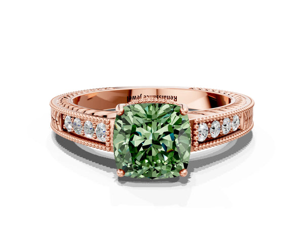 Rose gold Fancy Green Cushion Cut Diamond Ring with Milgrain Pavé Band and Four-Prong Setting