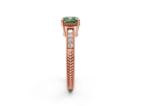 Rose gold Fancy Green Cushion Cut Diamond Ring with Milgrain Pavé Band and Four-Prong Setting