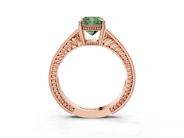 Rose gold Fancy Green Cushion Cut Diamond Ring with Milgrain Pavé Band and Four-Prong Setting