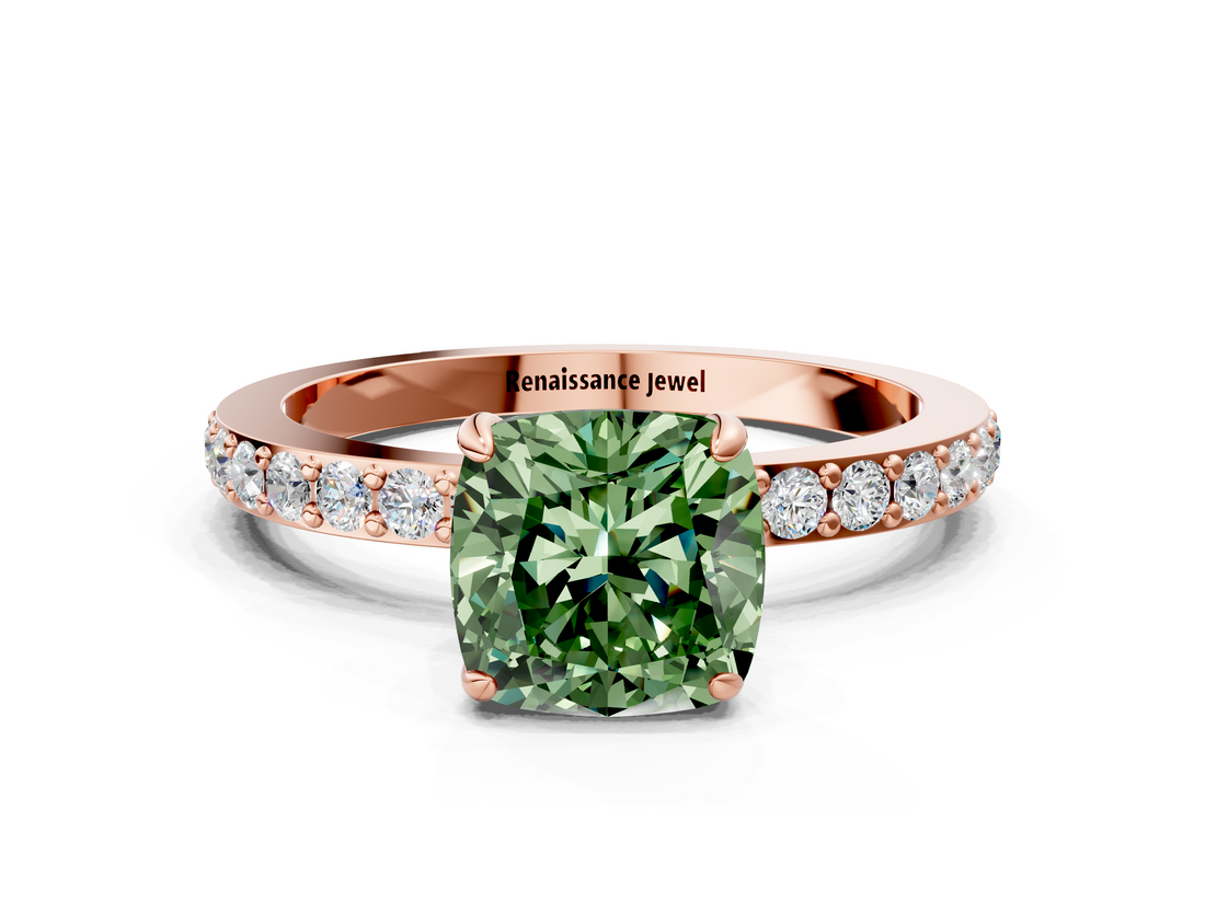 Rose gold Fancy Green Cushion  Cut Diamond Ring with Pavé Band and Four-Prong Setting_66
