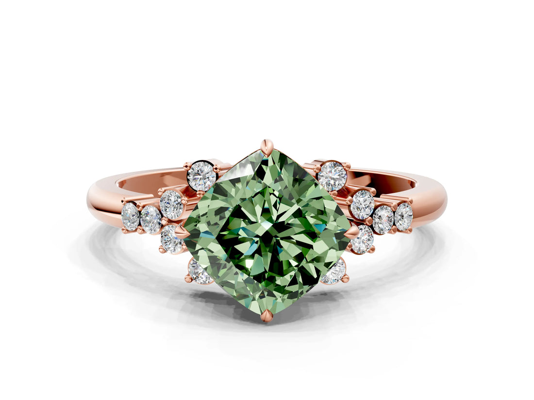 Rose gold Fancy Green Cushion Cut Diamond Ring with Side Stones and Four-Prong Setting_94