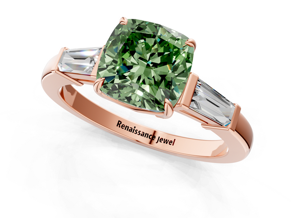Rose gold Fancy Green Cushion  Cut Diamond Ring with Tapered Baguette Side Stones in Four-Prong Setting