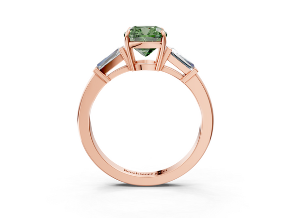 Rose gold Fancy Green Cushion  Cut Diamond Ring with Tapered Baguette Side Stones in Four-Prong Setting