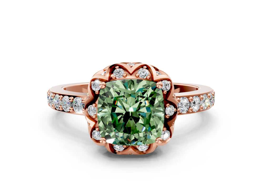 Rose gold Fancy Green Cushion Cut Diamond Scalloped Halo Engagement Ring with Round Shared Prong Band_12