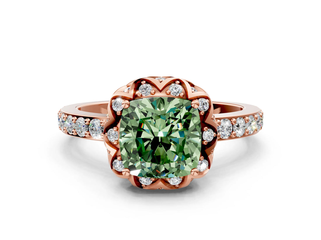 Rose gold Fancy Green Cushion Cut Diamond Scalloped Halo Engagement Ring with Round Shared Prong Band_24