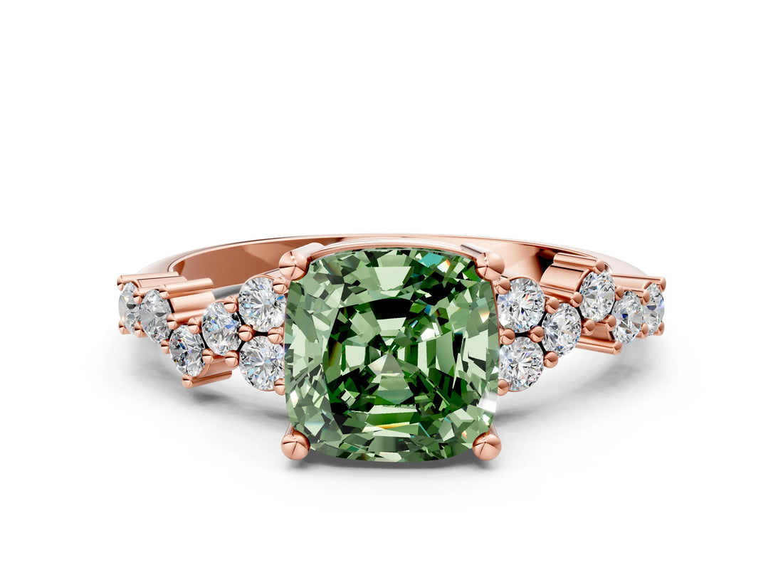 Rose gold Fancy Green Cushion Cut Diamond Scattered Round Accent Ring with Prong Setting_12