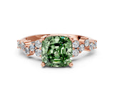 Rose gold Fancy Green Cushion Cut Diamond Scattered Round Accent Ring with Prong Setting_12