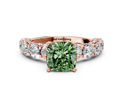 Rose gold Fancy Green Cushion Cut Diamond Side Stone Engagement Ring with Four-Prong Setting_24
