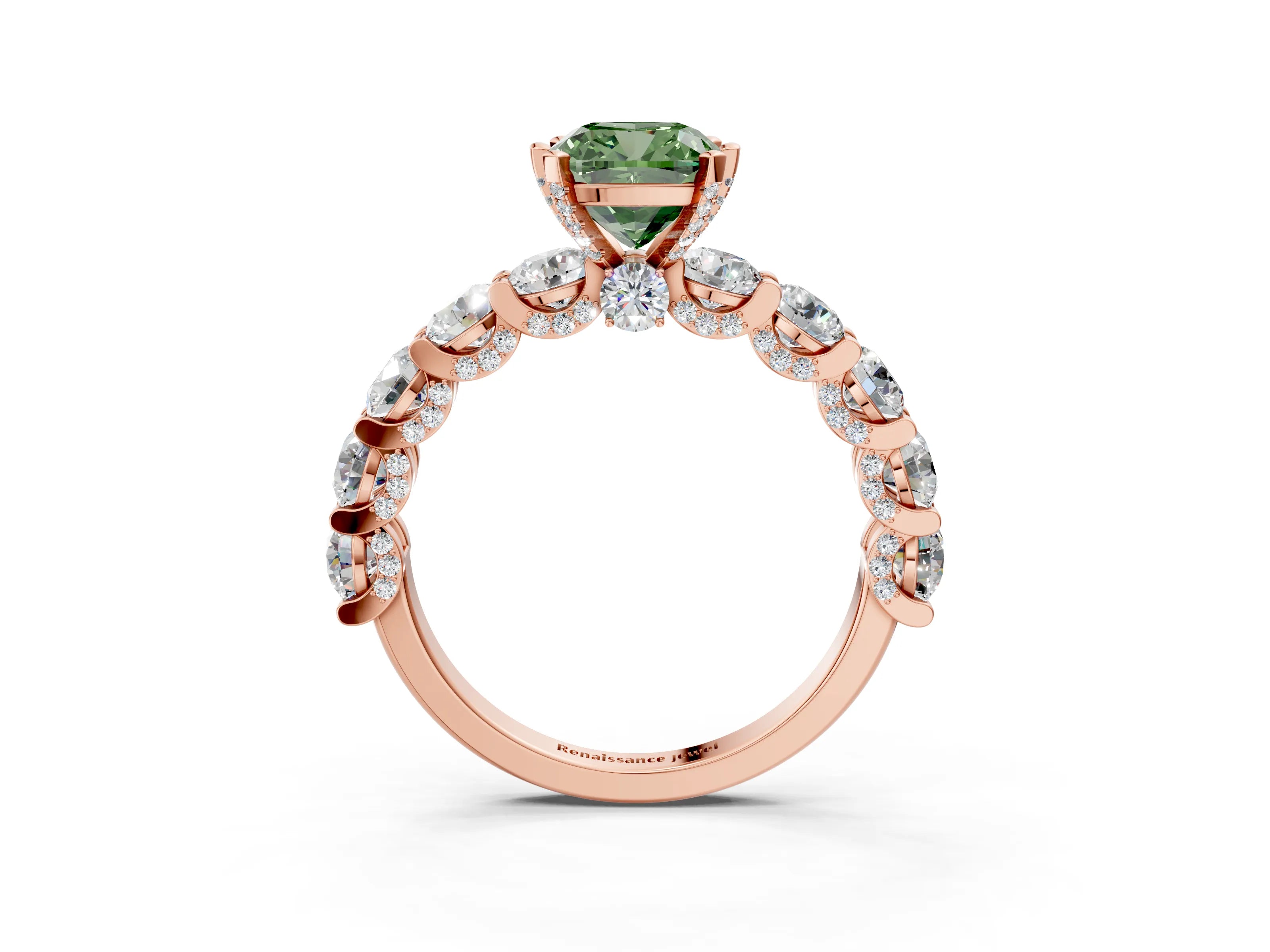 Rose gold Fancy Green Cushion Cut Diamond Side Stone Engagement Ring with Four-Prong Setting_27