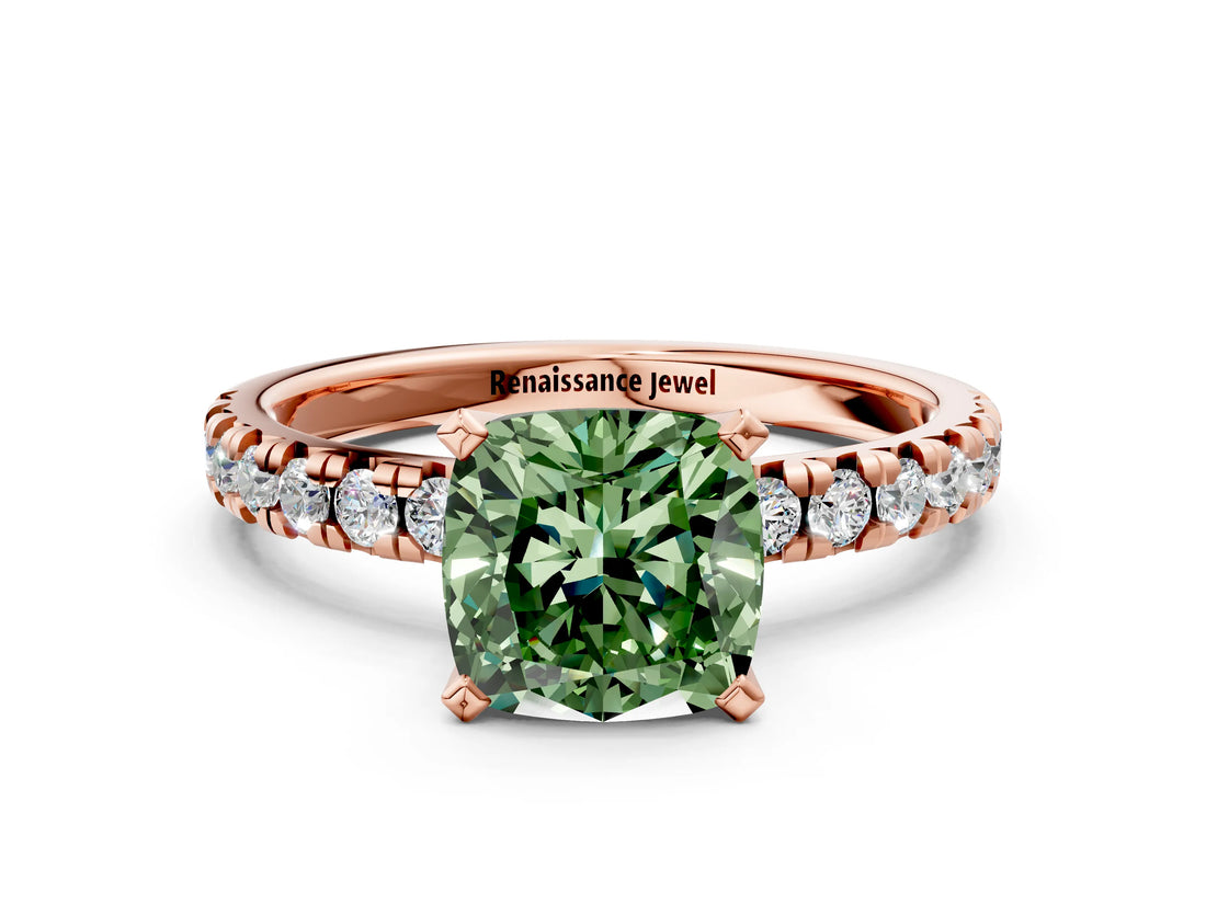 Rose gold Fancy Green Cushion Cut Diamond Solitaire Pavé Engagement Ring with Round Band and Prong Setting_74