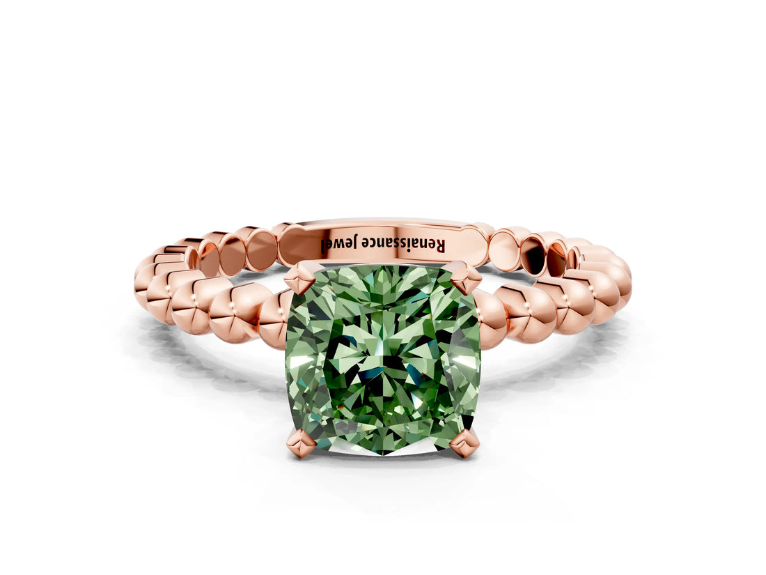 Rose gold Fancy Green Cushion Cut Diamond Solitaire Ring with Beaded Band and Prong Setting_291