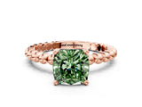 Rose gold Fancy Green Cushion Cut Diamond Solitaire Ring with Beaded Band and Prong Setting_291