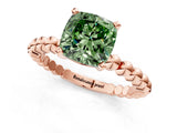 Rose gold Fancy Green Cushion Cut Diamond Solitaire Ring with Beaded Band and Prong Setting_292
