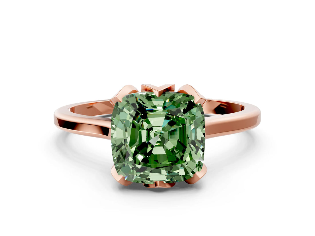 Rose gold Fancy Green Cushion Cut Diamond Solitaire Ring with Flower Prong Setting and Classic Band_36