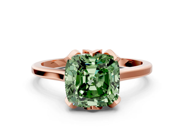 Rose gold Fancy Green Cushion Cut Diamond Solitaire Ring with Flower Prong Setting and Classic Band