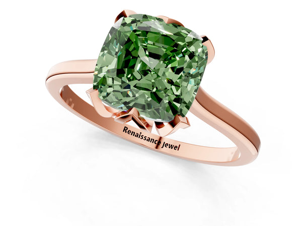 Rose gold Fancy Green Cushion Cut Diamond Solitaire Ring with Flower Prong Setting and Classic Band