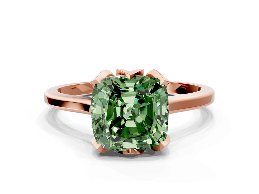 Rose gold Fancy Green Cushion Cut Diamond Solitaire Ring with Flower Prong Setting and Classic Band_87
