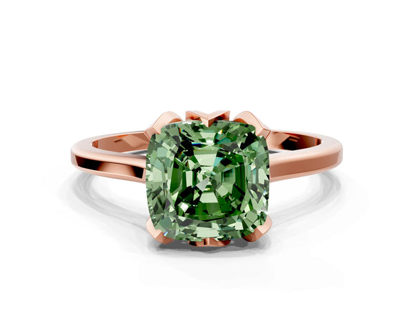 Rose gold Fancy Green Cushion Cut Diamond Solitaire Ring with Flower Prong Setting and Classic Band