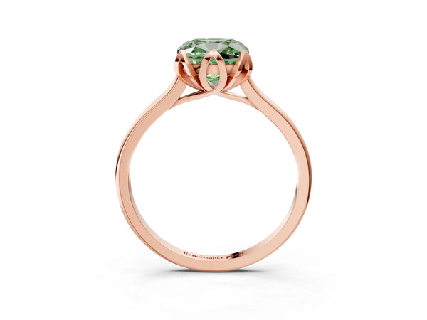 Rose gold Fancy Green Cushion Cut Diamond Solitaire Ring with Flower Prong Setting and Classic Band
