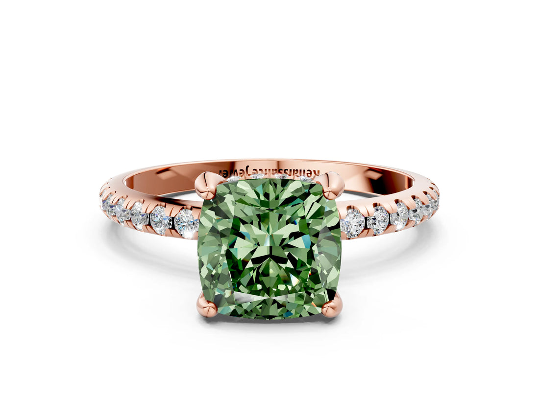 Rose gold Fancy Green Cushion Cut Diamond Solitaire Ring with Four-Prong Setting and Pavé Band_3