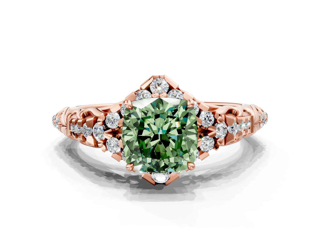 Rose gold Fancy Green Cushion Cut Diamond Solitaire Ring with Hidden Halo and Pavé Band_27
