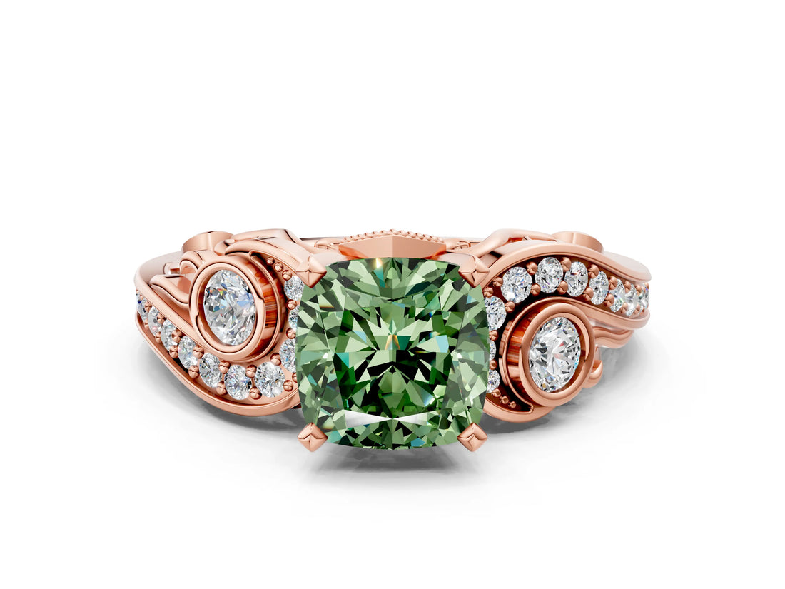Rose gold Fancy Green Cushion Cut Diamond Solitaire Ring with Milgrain Pavé Band and Four-Prong Setting_180