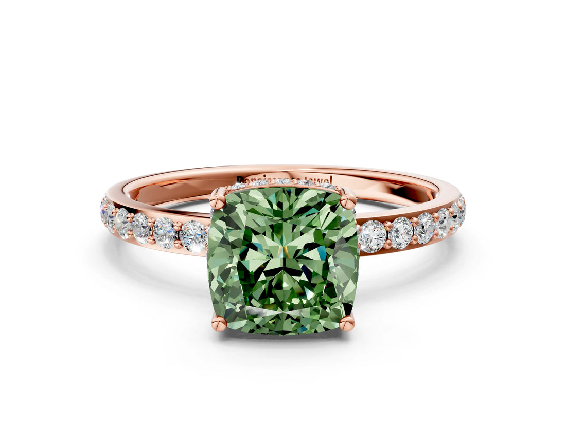 Rose gold Fancy Green Cushion Cut Diamond Solitaire Ring with Pavé Band and Hidden Halo_20