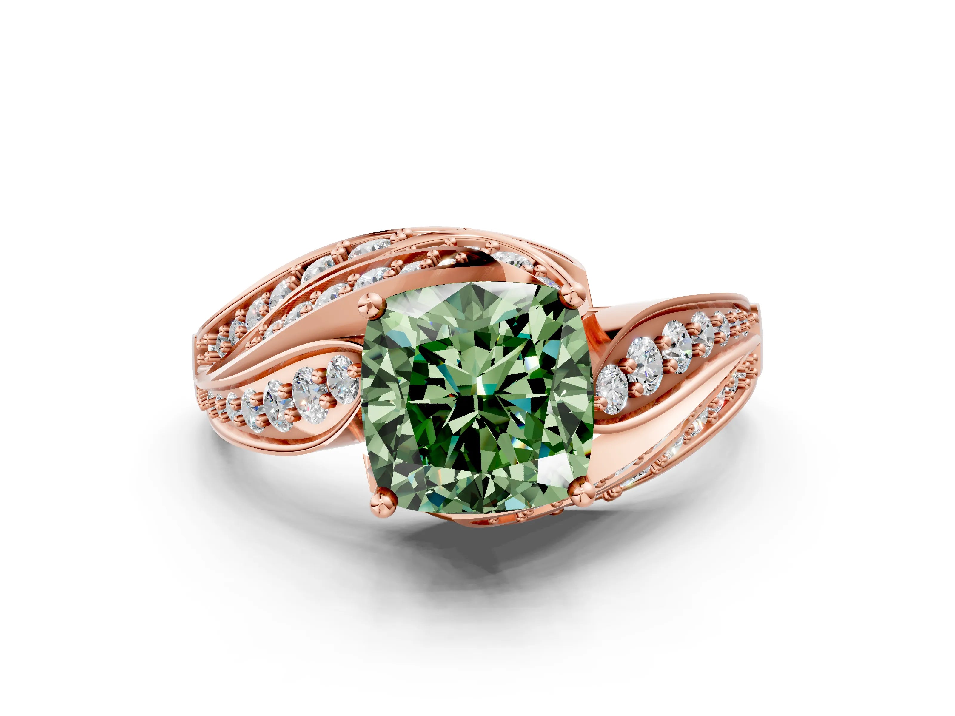 Rose gold Fancy Green Cushion Cut Diamond Solitaire Ring with Prong Setting and Twisted Pavé Band