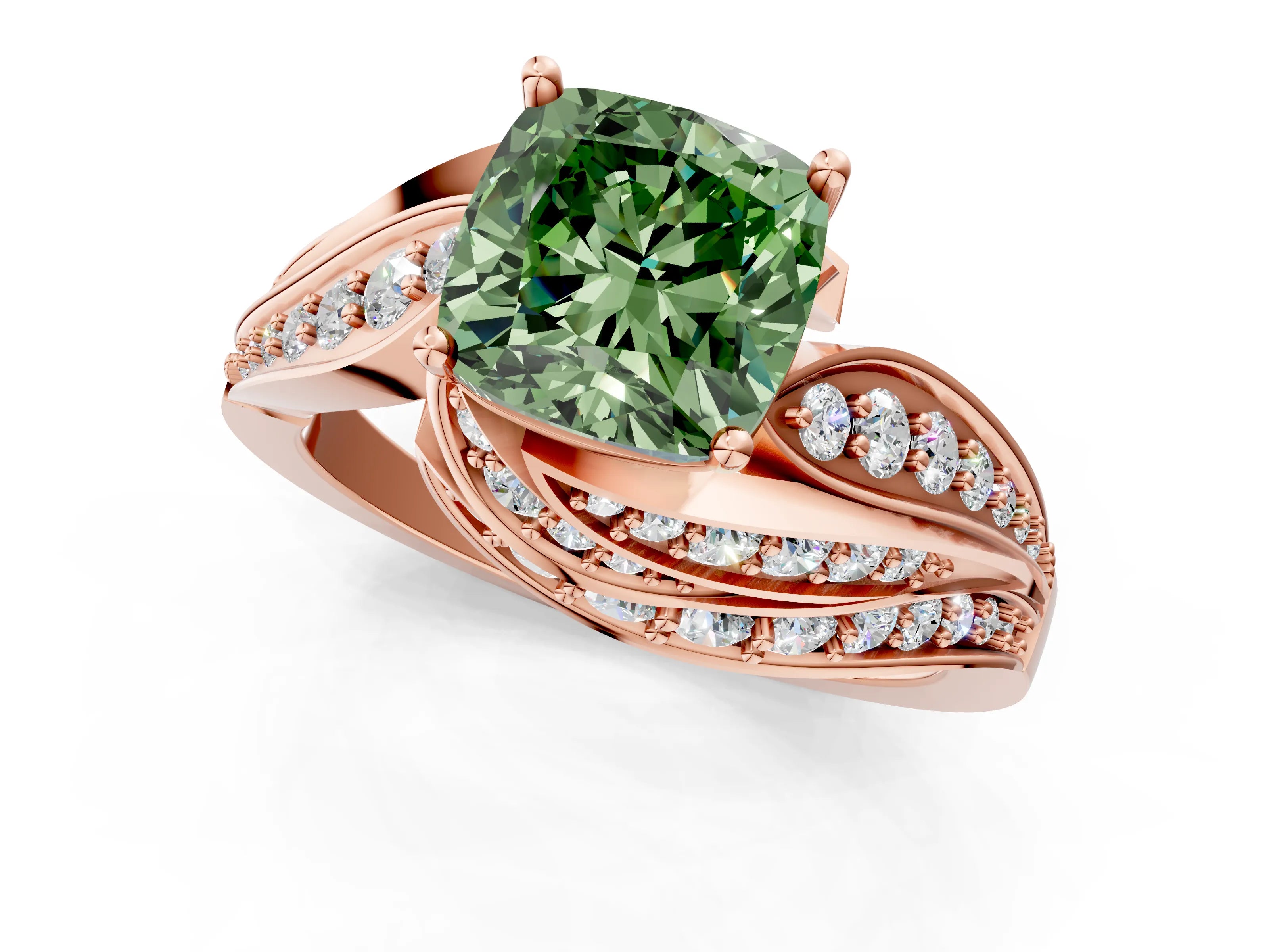 Rose gold Fancy Green Cushion Cut Diamond Solitaire Ring with Prong Setting and Twisted Pavé Band_1