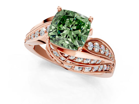 Rose gold Fancy Green Cushion Cut Diamond Solitaire Ring with Prong Setting and Twisted Pavé Band_1