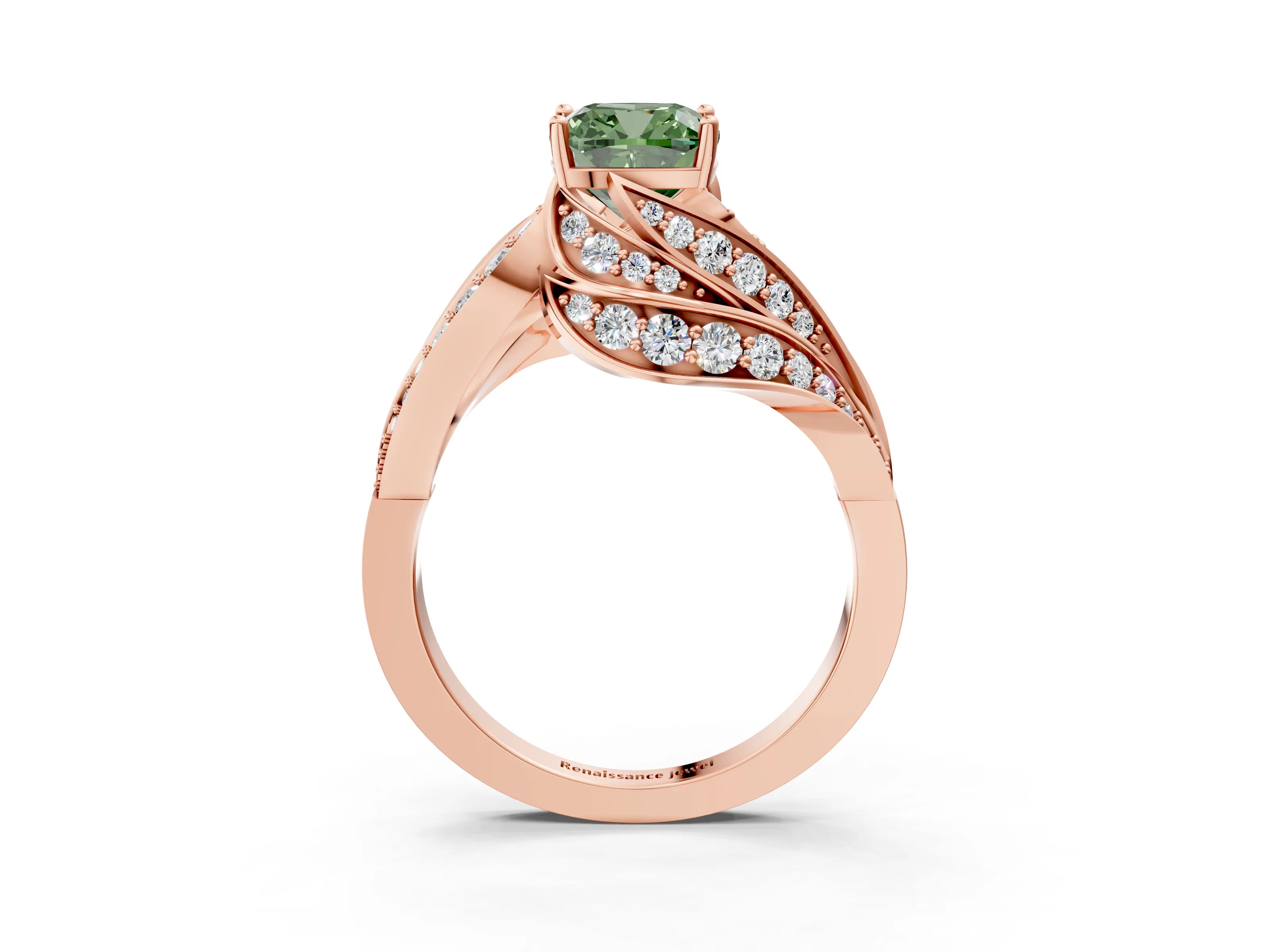 Rose gold Fancy Green Cushion Cut Diamond Solitaire Ring with Prong Setting and Twisted Pavé Band_3