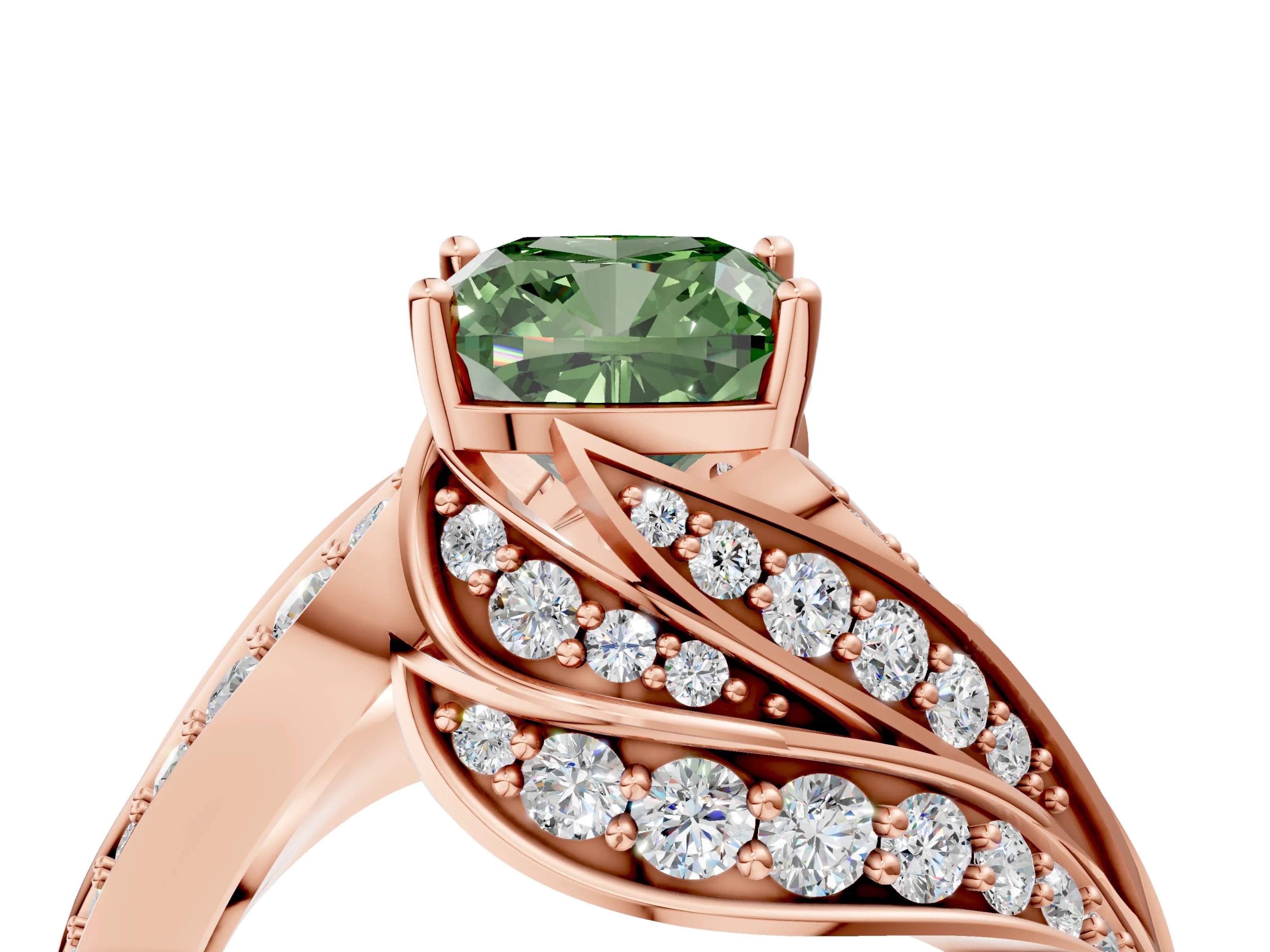 Rose gold Fancy Green Cushion Cut Diamond Solitaire Ring with Prong Setting and Twisted Pavé Band_4