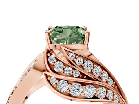 Rose gold Fancy Green Cushion Cut Diamond Solitaire Ring with Prong Setting and Twisted Pavé Band_4
