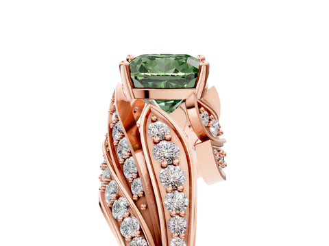 Rose gold Fancy Green Cushion Cut Diamond Solitaire Ring with Prong Setting and Twisted Pavé Band_5