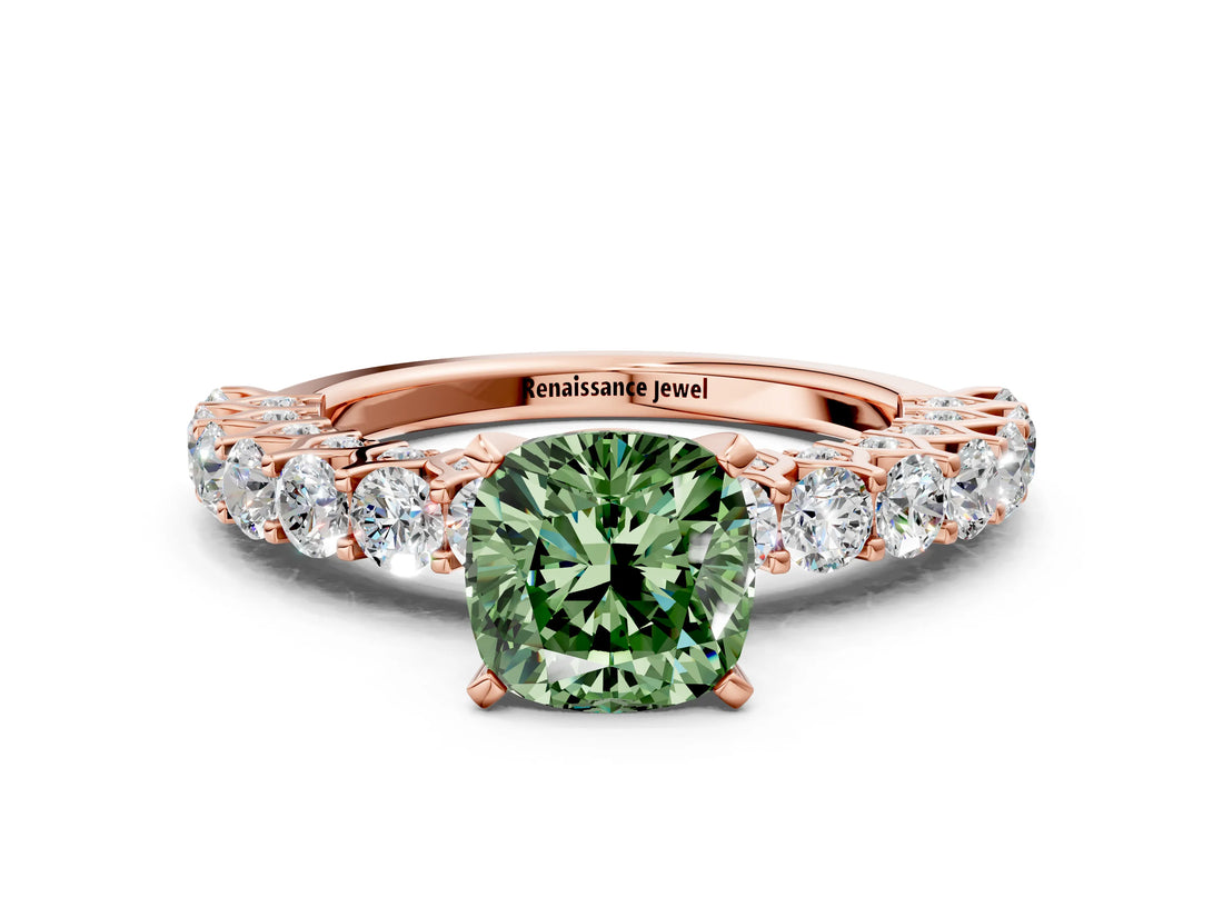 Rose gold Fancy Green Cushion Cut Diamond Solitaire Ring with Shared Prong Pavé Band and Four-Prong Setting_58